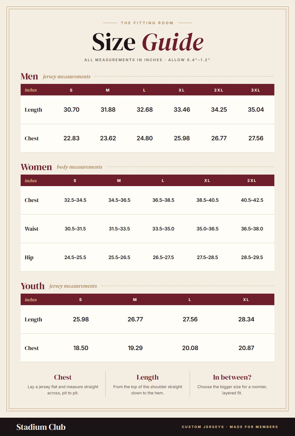 Jersey size chart